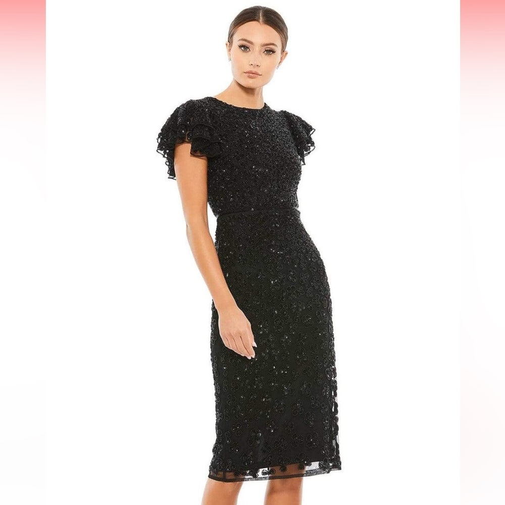 Mac Duggal Cocktail - 10827D Knee Length Flutter Sleeve Sequin Dress